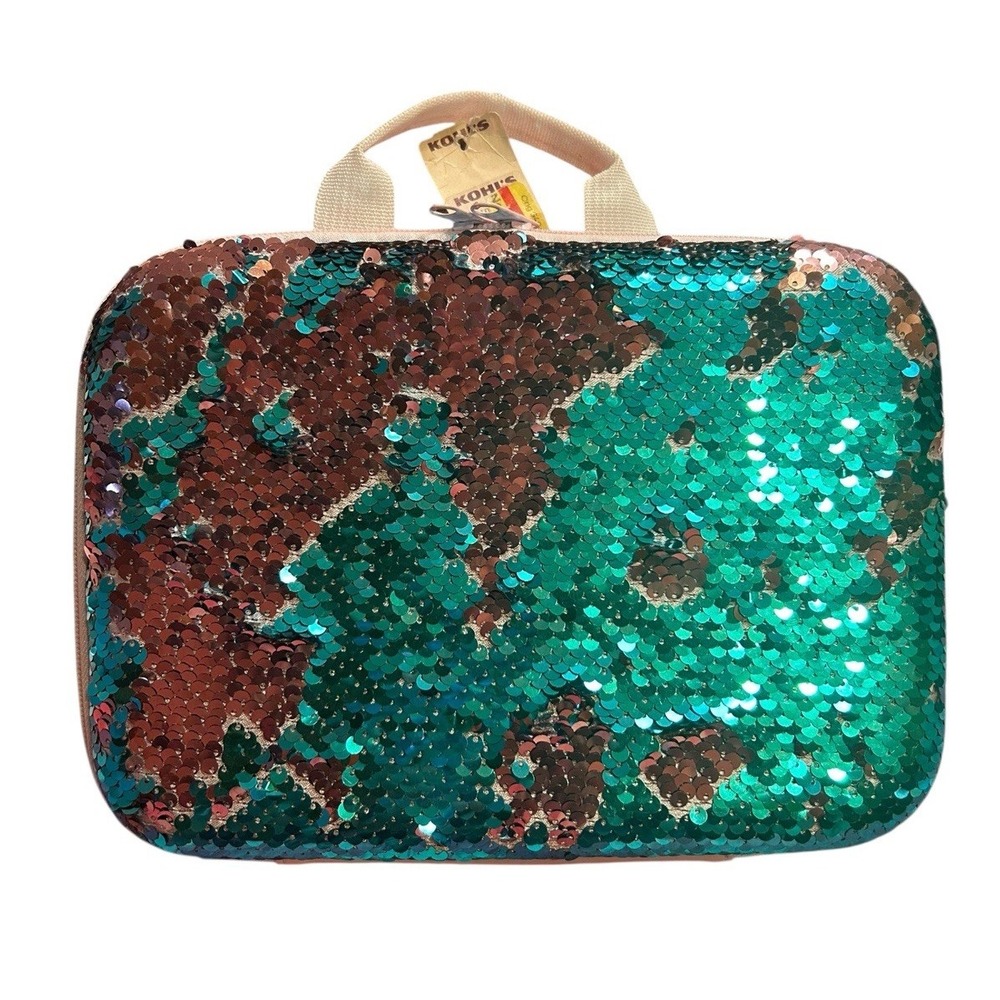 Girls Hard Case Sequins Pink Blue Tablet Makeup Books Many Uses Zip Handle NWT